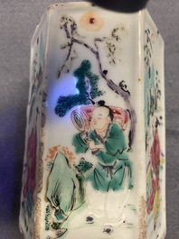 A hexagonal Chinese famille rose brush pot with figurative panels, Yongzheng